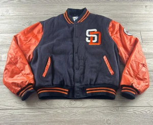 Giacca Letterman Vintage MLB Pyramid San Diego Padres Navy Body Arancione Pelle Uomo - Foto 1 di 9