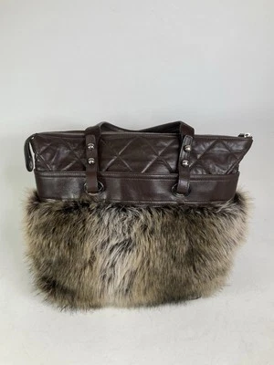 Chanel XL Travel Tote Quilted Brown Calfskin Leather & Faux Fur Silver CC Charm - Image 1 of 4