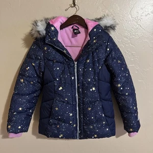 ZEROXPOSUR Girls Blue Faux-Fur Trim Puffer Jacket Size: 10/12 Parka Hooded Coat - Picture 1 of 6