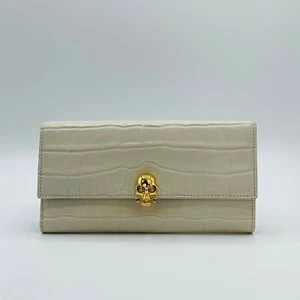 $675 Alexander McQueen Off White Croc-embossed Leather Skull Wallet 275330 9007 - Picture 1 of 9