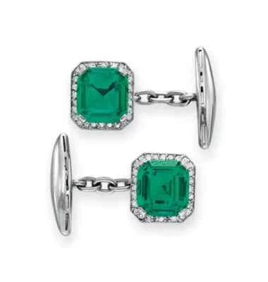 Fancy Rectangle Cut 5.20 CT Green Emerald With Old Mine Cut CZ Men's Cufflink Foto 1 de 2