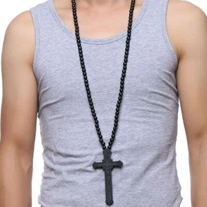 Cross Carved Rosary Pendant Catholic Wooden Bead Necklace Women Mens Jewelry 1pc - Picture 1 of 4