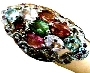 NEW Sterling Silver Unheated Oval Tourmaline Rhodolite Garnet Ring Size 8+BOX - Picture 1 of 4