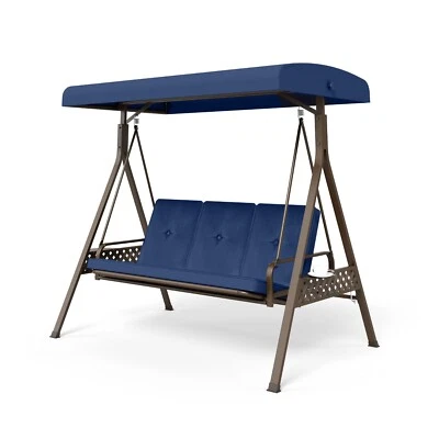 Cadeiras de pátio resistentes ao ar livre balanço varanda 3 lugares com almofada de dossel azul - Imagem 1 de 4