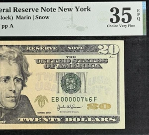2004 $20 Federal Reserve Note PMG 35EPQ wanted low serial number 746 Fr 2089-B - Picture 1 of 3