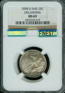 2008 D OKLAHOMA QUARTER NGC MS69 SMS PQ MAC FINEST REGISTRY POP 5 MAC SPOTLESS * - Picture 1 of 2