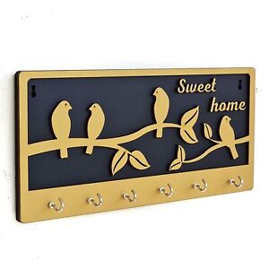 Wooden Key Holder with 6 Hooks for Wall Decoration (Black Golden)