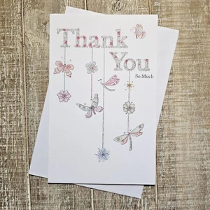 American Greetings Thank You Card 6x8 Silver Butterflies Flowers All Purpose - Picture 1 of 8
