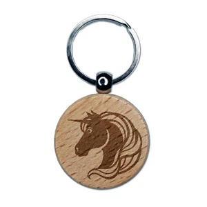 Unicorn Head Flowing Mane Engraved Wood Round Keychain Tag Charm - Picture 1 of 6