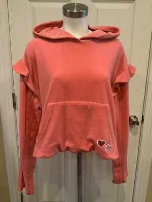 阿迪达斯粉色懒玫瑰连帽丝绒运动衫带褶边和心形布贴,尺寸 S — 第 1/4 张图片