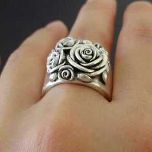 Anillo vintage de plata tallada a mano tallada flor rosa para mujer joyería de boda de novia - Imagen 1 de 15