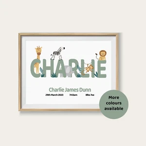 Personalisierter Namensdruck Safari Tiere Kinderzimmer | grün | Neu Baby Geschenk Boho - Bild 1 von 7