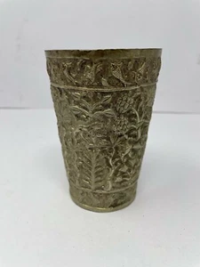 Old Vintage Hand Carved Embossed Unique White Metal Milk Wine Water Glass NH7004 - Picture 1 of 7