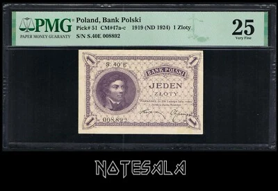 POLAND 1 ZLOTY 1919 Tadeusz Kosciuszko VF PMG 25 SERIE 55 E S/N 008892 *SCARCE* - Image 1 of 2