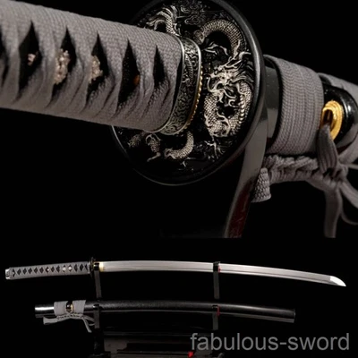 Espada samurai japonesa tsuba dragón afilado acero al carbono 1095 katana mango gris Foto 1 de 4