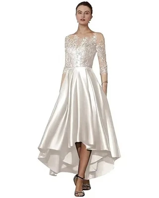 Vestido Madre de la Novia Cuello en V Apliques de Satén Asimétrico Hasta el Té Elegante Foto 1 de 4