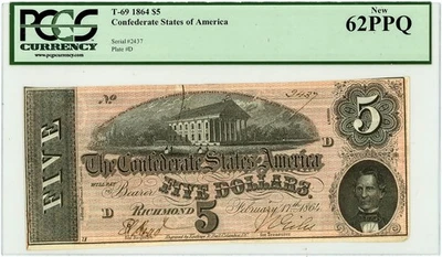 T-69 $5 1864 Confederate States of America 62PPQ PCGS 950535-2 - Image 1 of 3