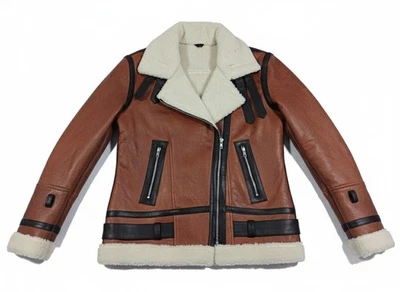 Jaqueta de couro feminina B3 bombardeiro aviador jaqueta bombardeiro pele de carneiro marrom - Imagem 1 de 4