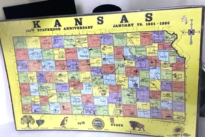 Vintage Kansas State map 125 statehood Anniversary card board puzzle New 1985 - Picture 1 of 4
