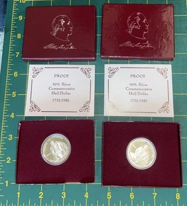 TWO .900 Silver 1982 George Washington HALF DOLLAR Commemoratives BOXES COAs - Picture 1 of 5