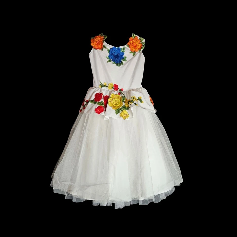 Vestido formal para niñas. Flores bordadas en satén con falda de tul. Talla 6. Foto 1 de 2
