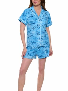 Disney Stitch Pajamas Set Button Down Shirt and Shorts 2-Piece Set Women's Blue - Picture 1 of 8