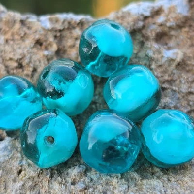 7 Vintage Old German Glass Beads  | Gorgeous Teal  Blue Green Baroque | 8mm - Image 1 of 4