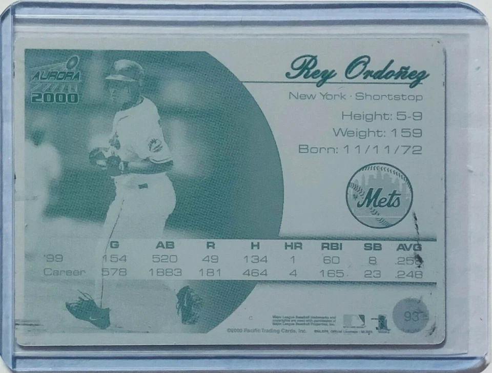 1/1 REY ORDONEZ 2000 PACIFIC AURORA CARD PRINTING PRESS PLATE NY NEW YORK METS - Image 1 of 2