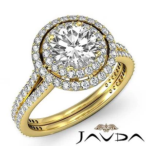 Anillo de compromiso pavé de diamantes redondos con vástago dividido doble halo GIA I VS2 3,05 quilates - Imagen 1 de 12