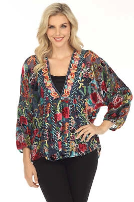Johnny Was Minto Burnout Velvet Floral 3/4 Sleeve Kimono Jacket C49323AO - Image 1 of 4