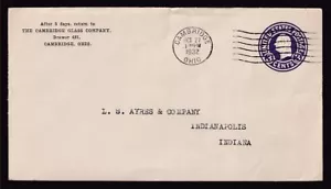 US #U436f WASHINGTON DIE 9 ENTIRE CAMBRIDGE OHIO TO INDIANAPOLIS 1932 - Picture 1 of 2