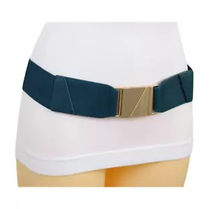 Women Dark Teal Blue Elastic Fashion Belt Hip High Waist Gold Square Buckle S M - Picture 1 of 13