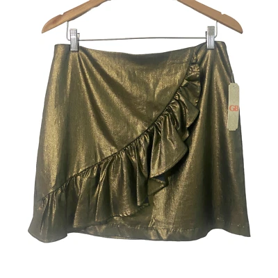 Gianni Bini Mini Skirt Ruffles Iridescent Green Copper Gold Stretch Size Large - Image 1 of 4