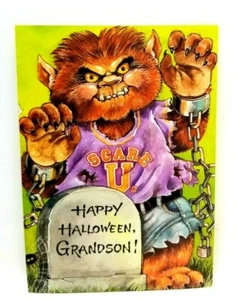 Vintage Happy Halloween Grandson Scare U Monster Celebrations By Gibson Card (D9 - Picture 1 of 3