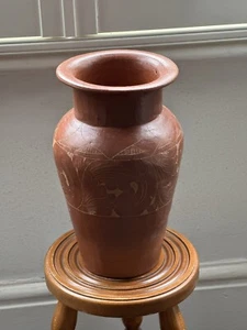 Vintage Mexican Clay Pottery Matte Terracotta Carved Large Vase - Picture 1 of 7