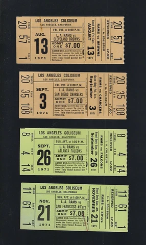 LOT of 4 - VINTAGE 1971 NFL LOS ANGELES RAMS FULL FOOTBALL TICKETS ROMAN GABRIEL Cover