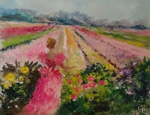 Cuadro "Campos de peonía". Cartón, aceite. 8x10 inc. Hecho a mano. 2025. Sin marco. - Imagen 1 de 1