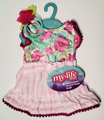 Conjunto My Life As Rosa y Verde Floral y Rayas con Diadema para Muñecas de 18" Foto 1 de 2