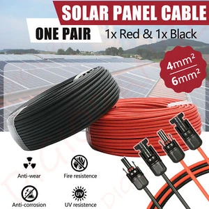 AU 4/6mm² 1/5/10/20M Black+Red Solar Panel Extension Cable Wire+Connector - Picture 1 of 13