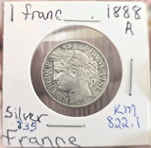 France 1888 A 1 Franc SILVER Coin, AU, .835 - Picture 1 of 2