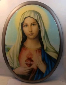  Vintage Sacred Heart of Virgin Mary Oval Lacquer Wood Plaque 15.75" x 11.75 " - Picture 1 of 8