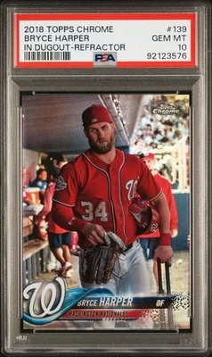 2018 Topps Chrome #139 Bryce Harper in Dugout Refractor Nationals PSA 10 Foto 1 de 2
