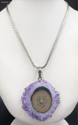 925 Silver Serpentine Chain Necklace W/ Amethyst Quartz Pendant - Image 1 of 4
