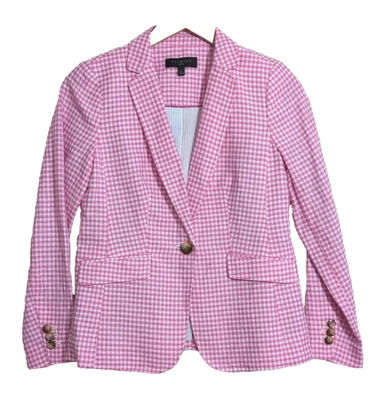 Talbots Gingham Blazer женский 0 миниатюрный розовый белый клетчатый льняная смесь карьерный повседневный - Изображение 1 из 4