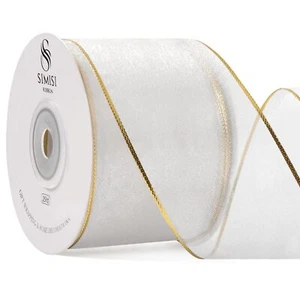 White Christmas Ribbon Wired Sheer Organza Ribbon with Gold Sliver Border for... - Picture 1 of 5