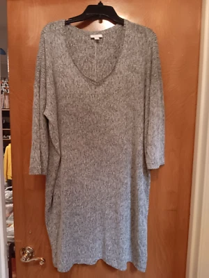 Vestido J Jill Pure Jill Negro Blanco Mezcla de Lino XL 3/4 Mangas Elastizado Cuello Vee Foto 1 de 4