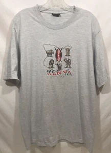 Vintage Kenya Africa Mens XL Light Gray T-Shirt Embroidered Animals Shield - Picture 1 of 5