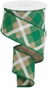 Cinta a Cuadros Estampada, Lt Beige/Verde/Blanco, Arpillera Real, Cinta con Cable, 2.5" de Ancho - Imagen 1 de 1