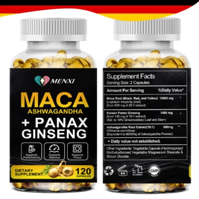 Maca Kapseln hochdosiert mit Ginseng, Natural Testosteron & Hormon Booster MENXI