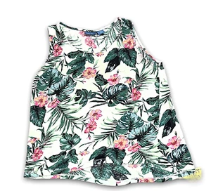 Antibes Blanc Blouse Women's Size Large White Green Floral 100% Linen Sleeveless - Picture 1 of 12